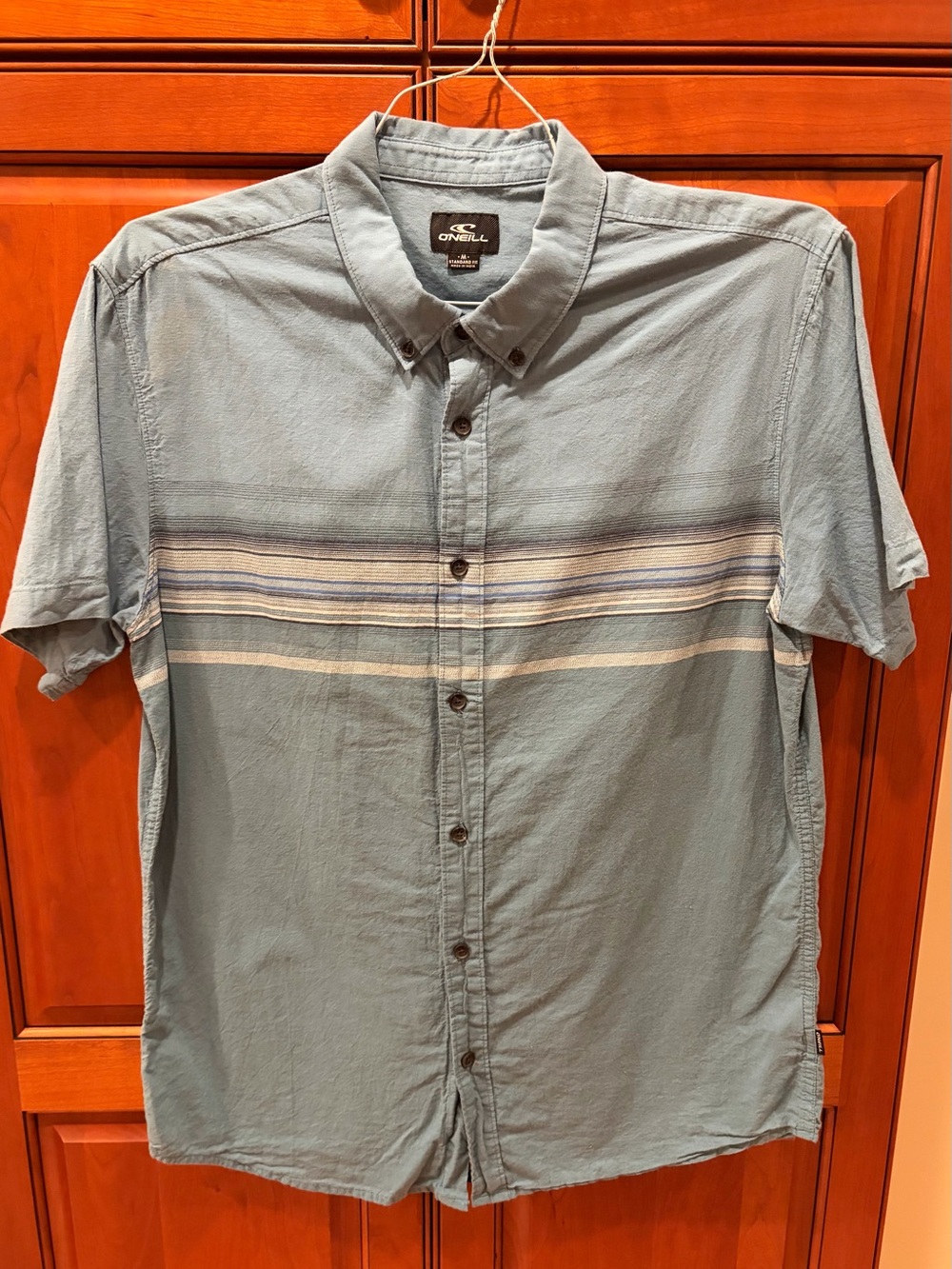 O'Neill Men's Light Blue Short-Sleeve Button-Down Shirt with Horizontal Stripe